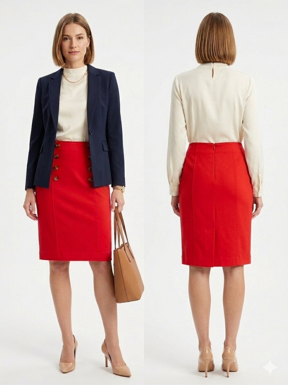 Classic Red Pencil Skirt With Button Detail